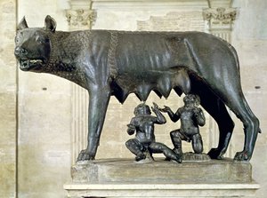 A loba capitoliana com figuras de Romulus e Remus de Antonio Pollaiuolo (1433-98) c.1484-96 (bronze)